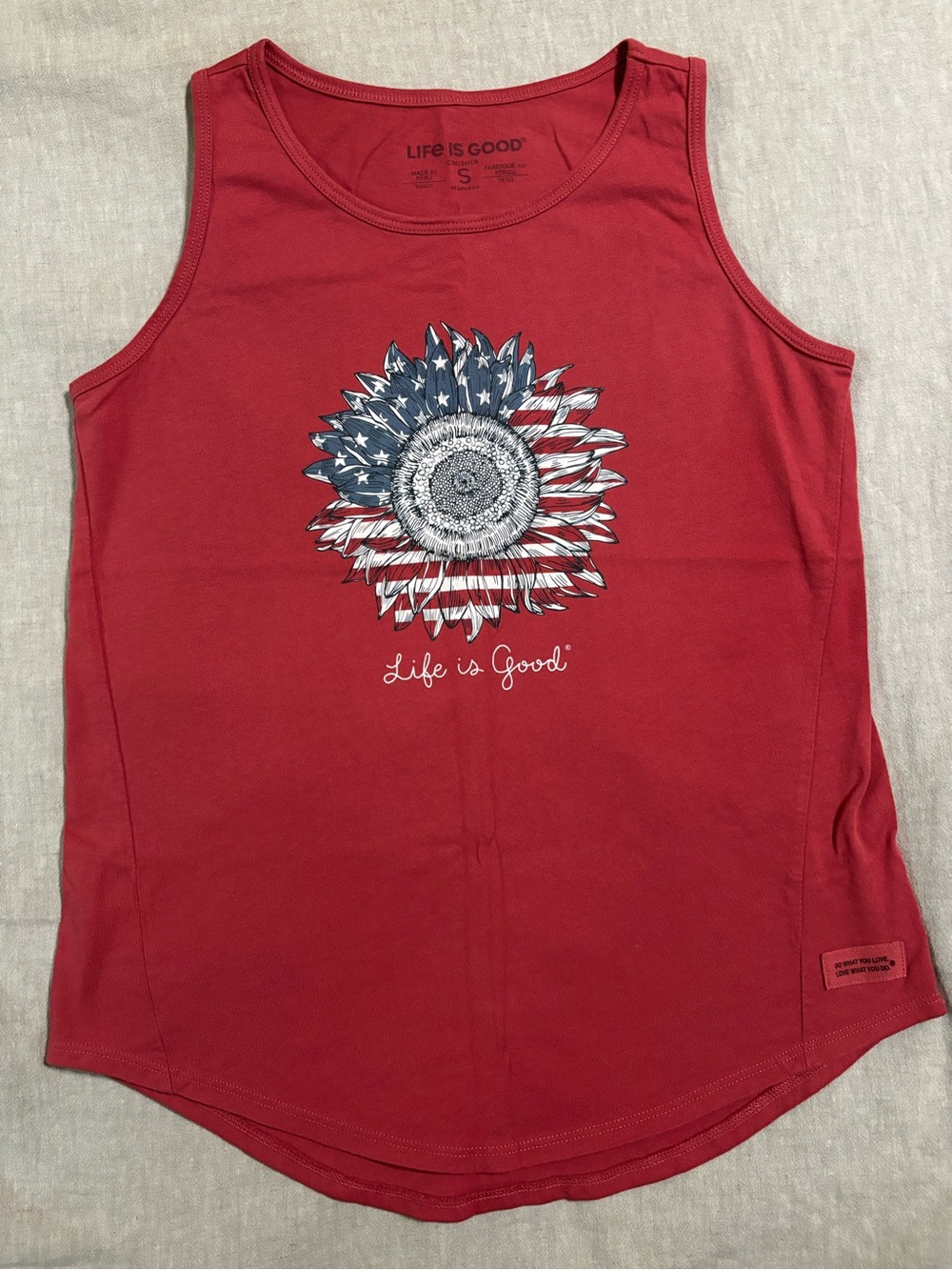 Life Is Good Red Tank Top with Flag Sunflower Graphic